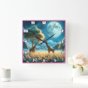 Horloge Carrée Giraffes broutant sous le clair de lune africain