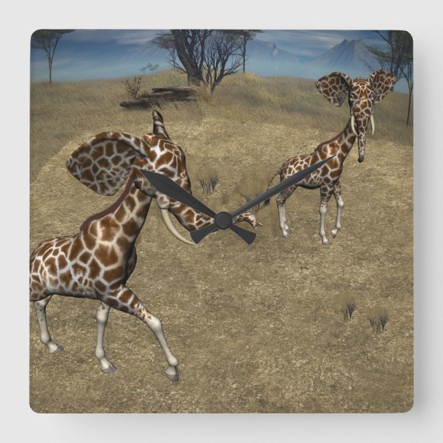 Horloge Carrée Giraffes d'éléphants mignons (Recto)