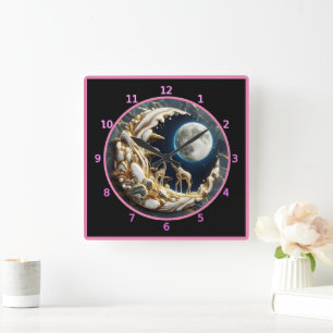 Horloge Carrée Giraffes regardant sous un majestueux lune africai