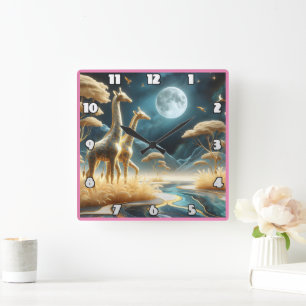 Horloge Carrée Giraffes sous la pleine lune africaine