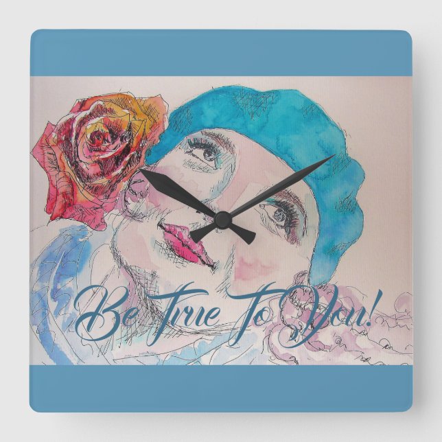 Horloge Carrée Girl with Red Rose Beret Be True To You Clock (Recto)