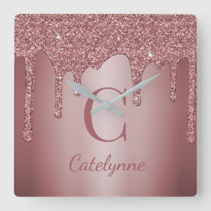 Horloge Carrée Girly Rose Gold Sparkle Dripping Glitter Monogram