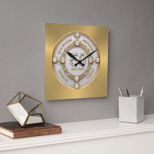Horloge Carrée Glam Diamants Blancs 50e Anniversaire de Mariage (Bureau)
