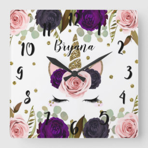 Horloge Carrée Glam floral foncé Parties scintillant or Unicorn t