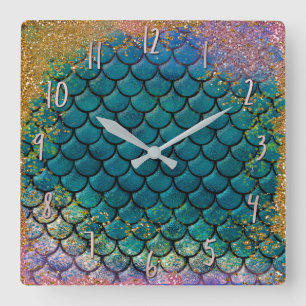 Horloge Carrée Glam Mermaid Balances de poisson Turquoise violet 
