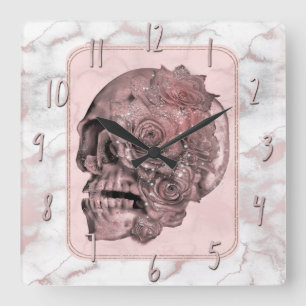 Horloge Carrée Glam Rose or rose crâne marbre