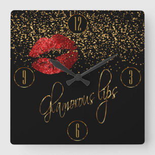 Horloge Carrée Glamorous Red Lips et Gold Confeti