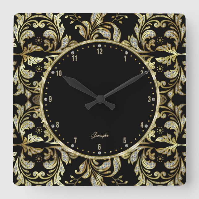 Horloge Carrée Glamours Parties scintillant Noire, Or Et Blanc (Recto)