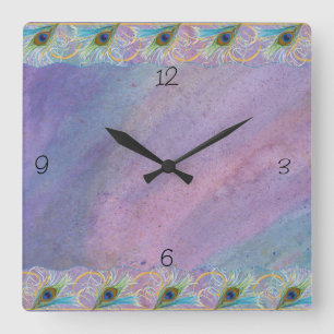 Horloge Carrée Gloire de paon de Watercoclor