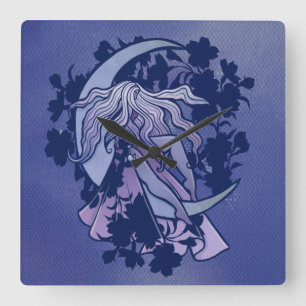 Horloge Carrée Goddess de lune violette Wiccan Triple Moon Symbol