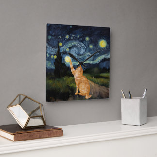 Horloge Carrée Gogh Kitty Starry Night Chat