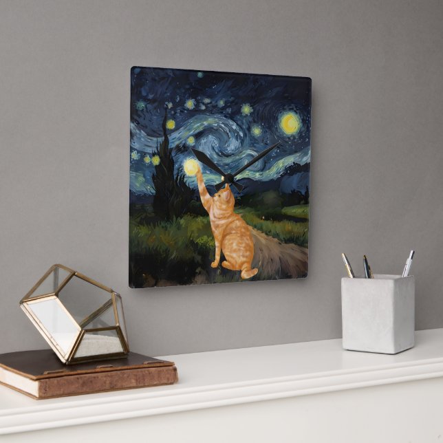 Horloge Carrée Gogh Kitty Starry Night Chat (Bureau)