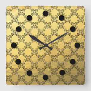 Horloge Carrée Gold Foil and Black Brocade Pattern Wall Clock