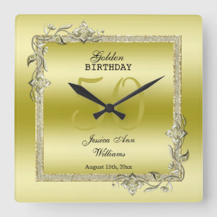 Horloge Carrée Gold Gem & Glitter 50th Golden Birthday