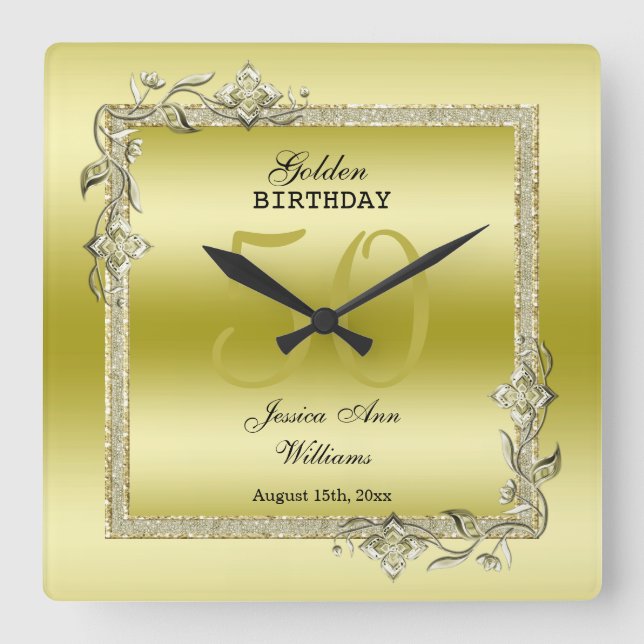 Horloge Carrée Gold Gem & Parties scintillant 50e Anniversaire d' (Recto)