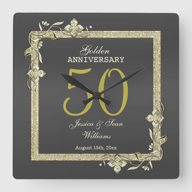 Horloge Carrée Gold Gem & Parties scintillant 50e Mariage d'or (Recto)