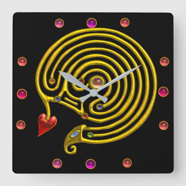 Horloge Carrée GOLD HYPER LABYRINTH ROSE GEMSTONES JAUNE Noire (Recto)