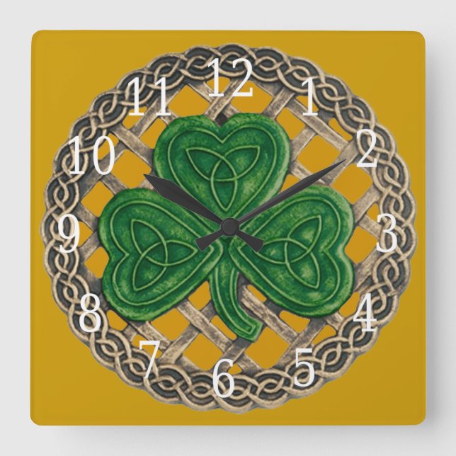 Horloge Carrée Gold Shamrock and Celtic Knots Square Clock (Recto)