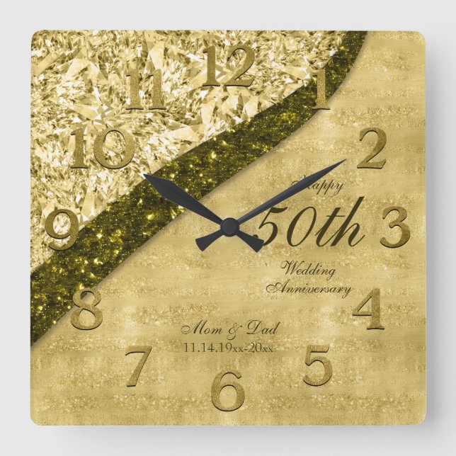 Horloge Carrée Golden 50e anniversaire Mariage Keepsaké (Recto)