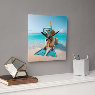 Horloge Carrée Golden Retriever portant tuba et palmes