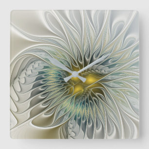 Horloge Carrée Golden Silver Flower Fantasy abstract Fractal Art