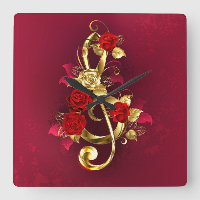 Horloge Carrée Golden Treble Clef avec fleurs Roses (Recto)