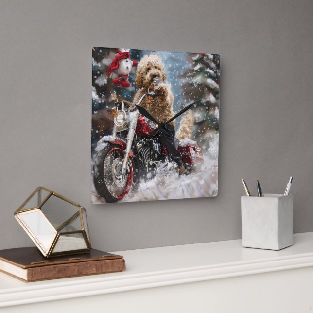 Horloge Carrée Goldendoodle Chien équitation Moto Noël (Bureau)