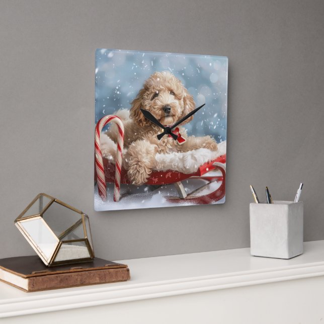 Horloge Carrée Goldendoodle Chien Festif de Noël (Bureau)