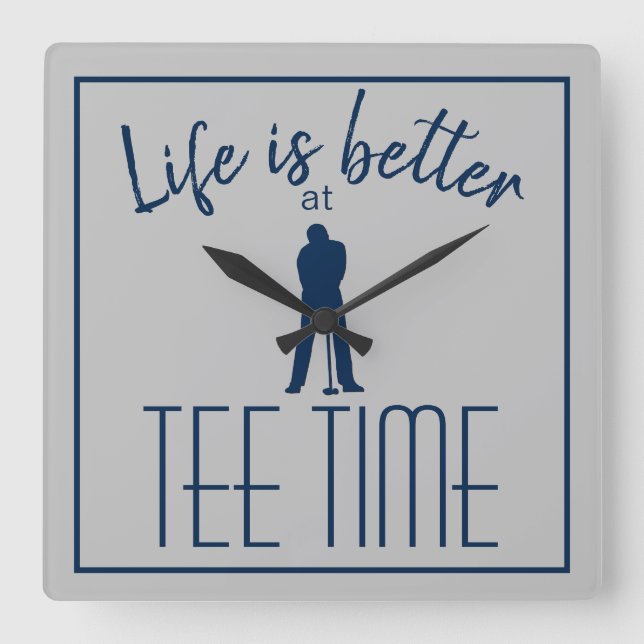 Horloge Carrée Golf Parcours Tee Temps gris bleu (Recto)