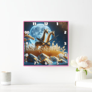 Horloge Carrée Graceful girafes sous une lune brillante en Afriqu