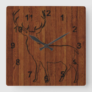 Horloge Carrée Grand Cerf Gravé Dans Le Bois Imprimé
