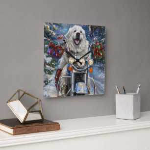 Horloge Carrée Grand Pyrenees Chien Conduisant Moto Noël