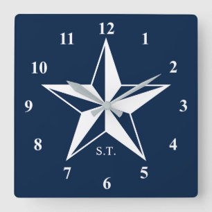Horloge Carrée Grande étoile nautique bleu marine personnalisée.