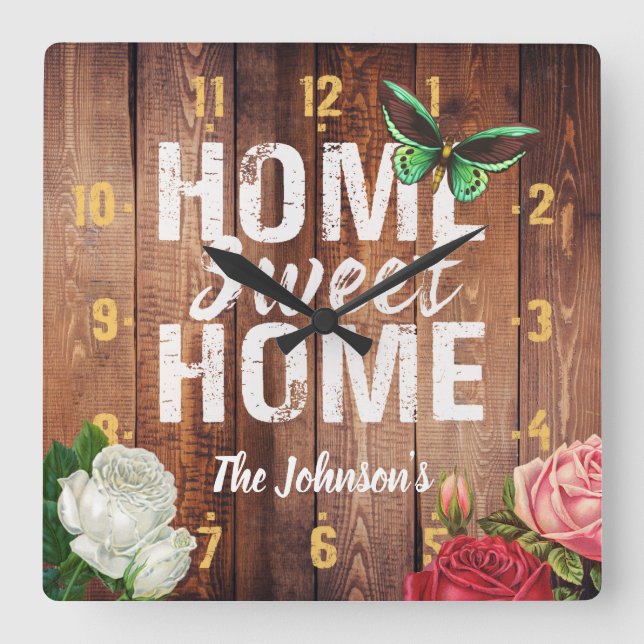 Horloge Carrée Grange rustique bois foncé "Home Sweet Home" desig (Recto)
