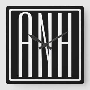 Horloge Carrée Gras moderne 3 initiales Monogramme Blanc sur no