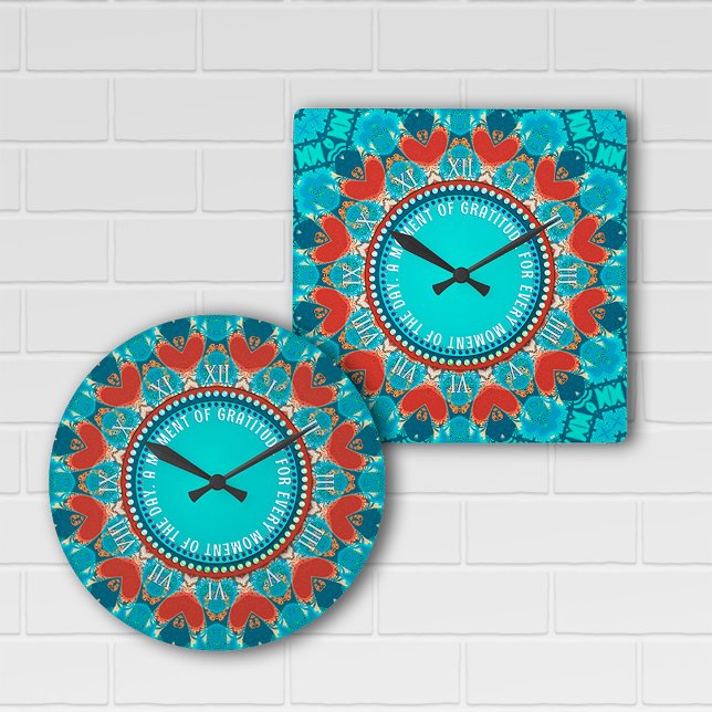 Horloge Carrée Gratitude Aqua Turquoise Mandala Devis personnalis (Créateur téléchargé)