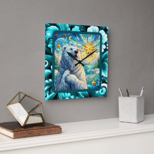 Horloge Carrée Gratuit Ours Polaire Whimsical Faux Verre Tiré