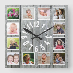 Horloge Carrée Gray Wood 12 Family Photo Collage Farmhouse