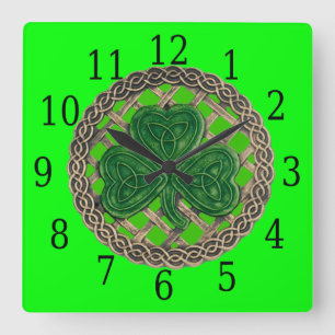 Horloge Carrée Green Shamrock and Celtic Knots