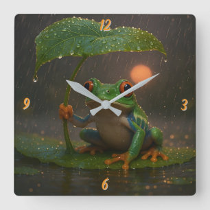 Horloge Carrée Grenouille aux yeux rouges sous la pluie avec une 