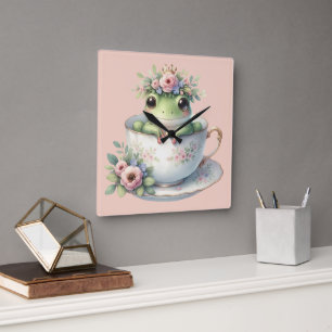 Horloge Carrée Grenouille lunaire en Teacup Floral