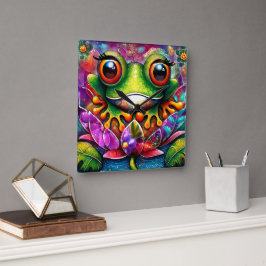 Horloge Carrée Grenouille Whimsical Peinture Abstraite Art Floral