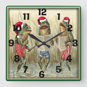 Horloge Carrée Grenouilles chantant Joyeux Noël