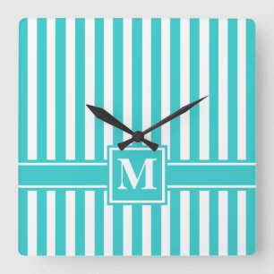 Horloge Carrée Grille moderne turquoise avec Monogramme