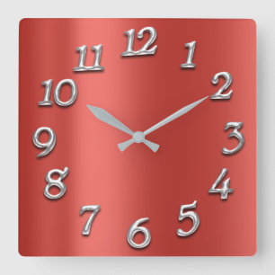 Horloge Carrée Gris argenté métallique rouge en soie rouge de