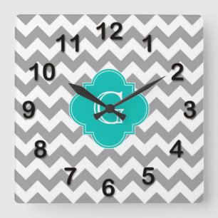 Horloge Carrée Gris Blanc Chevron ZigZag Turquoise Quatrefeuilles