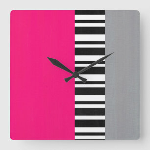 Horloge Carrée Gris rose chaud Noir et blanc en bande