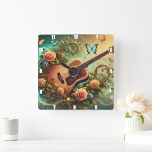 Horloge Carrée Guitare acoustique entourée de fleurs et de papill