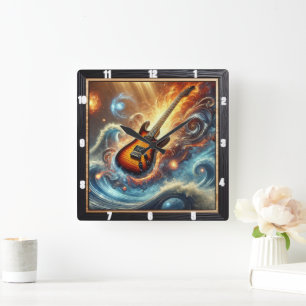 Horloge Carrée Guitare électrique au milieu des vagues cosmiques