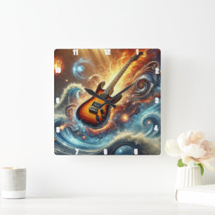 Horloge Carrée Guitare électrique au milieu des vagues cosmiques